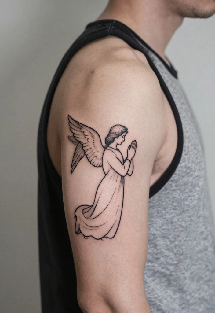 16 Angel Tattoo Design Ideas for Men Strong and Meaningful 8. Angel in Prayer 0