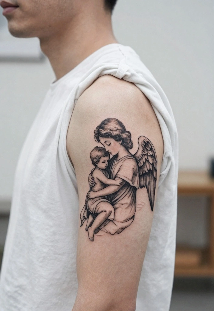 16 Angel Tattoo Design Ideas for Men Strong and Meaningful 9. Angel Holding a Child 0