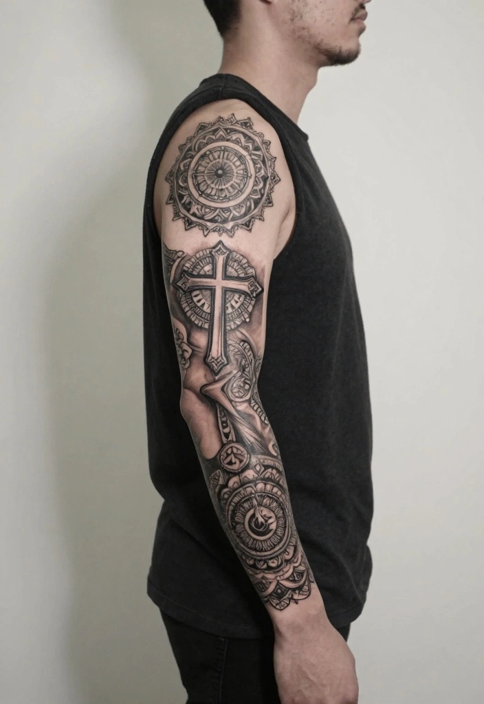 16 Full Hand Sleeve Tattoo Ideas for Men Bold and Detailed 7. Religious Symbols 0