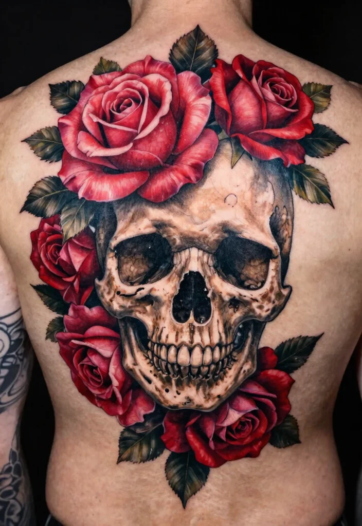 16 Male Back Tattoo Ideas Powerful Masculine and Artistic 14. The Skull and Roses 0