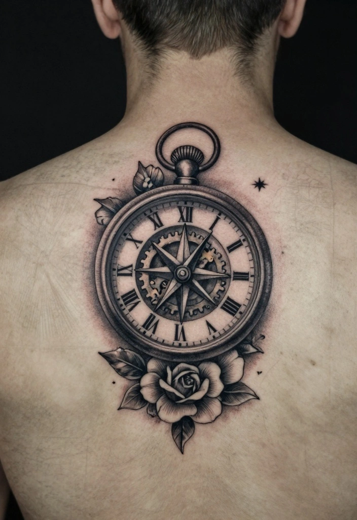 16 Male Back Tattoo Ideas Powerful Masculine and Artistic 3. The Clock and Compass 0