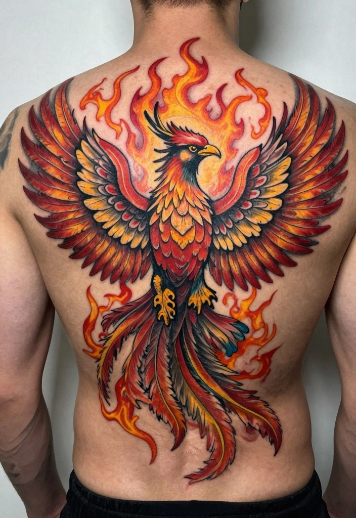 16 Male Back Tattoo Ideas Powerful Masculine and Artistic 4. The Phoenix Rising 0