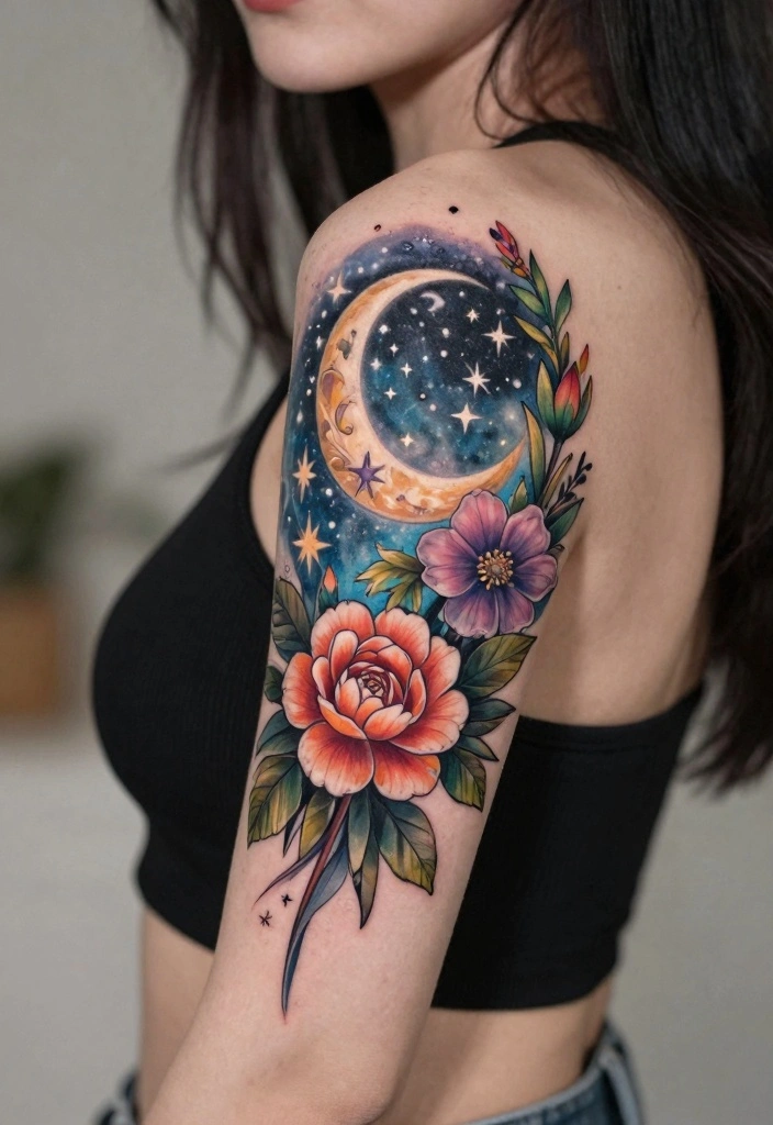16 Upper Arm Half Sleeve Tattoo Ideas for Women Stylish Flow 102 16 Upper Arm Half Sleeve Tattoo Ideas for Women Stylish Flow 10. Celestial Floral Fusion 0