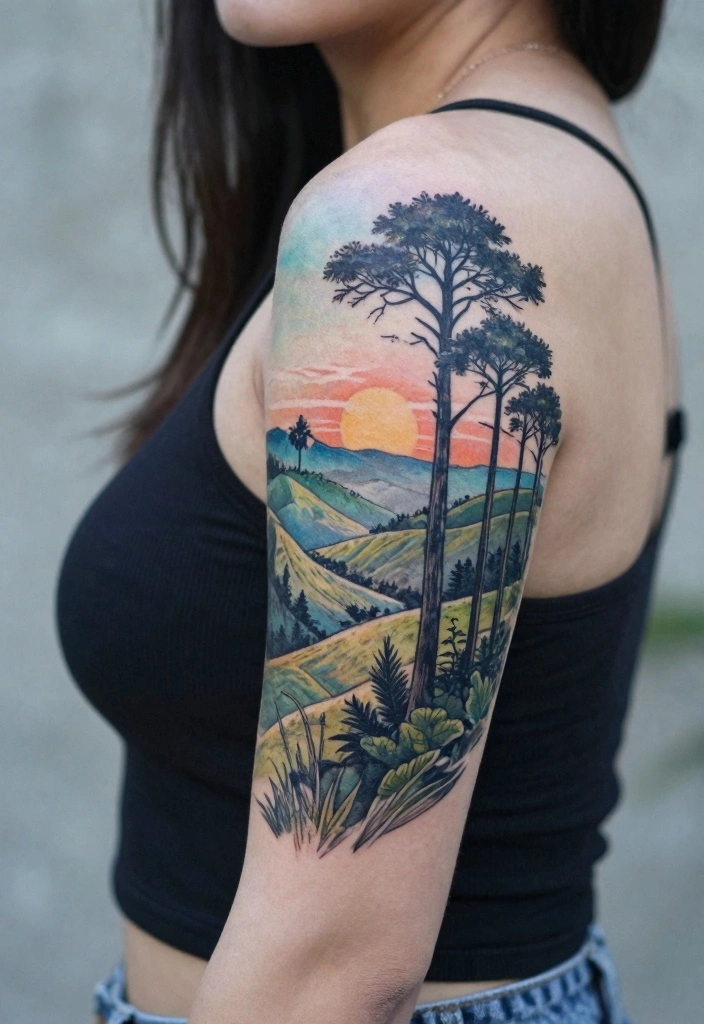 16 Upper Arm Half Sleeve Tattoo Ideas for Women Stylish Flow 113 16 Upper Arm Half Sleeve Tattoo Ideas for Women Stylish Flow 11. Natures Landscape Scene 0