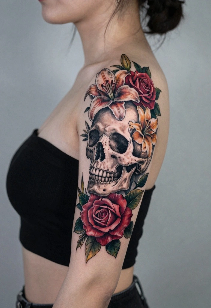 16 Upper Arm Half Sleeve Tattoo Ideas for Women Stylish Flow 124 16 Upper Arm Half Sleeve Tattoo Ideas for Women Stylish Flow 12. Floral Skull Artwork 0
