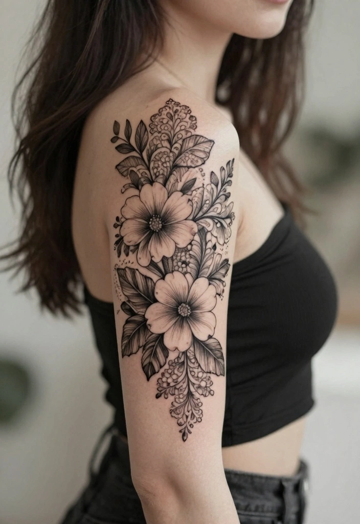 16 Upper Arm Half Sleeve Tattoo Ideas for Women Stylish Flow 148 16 Upper Arm Half Sleeve Tattoo Ideas for Women Stylish Flow 14. Floral Lace Overlay 0