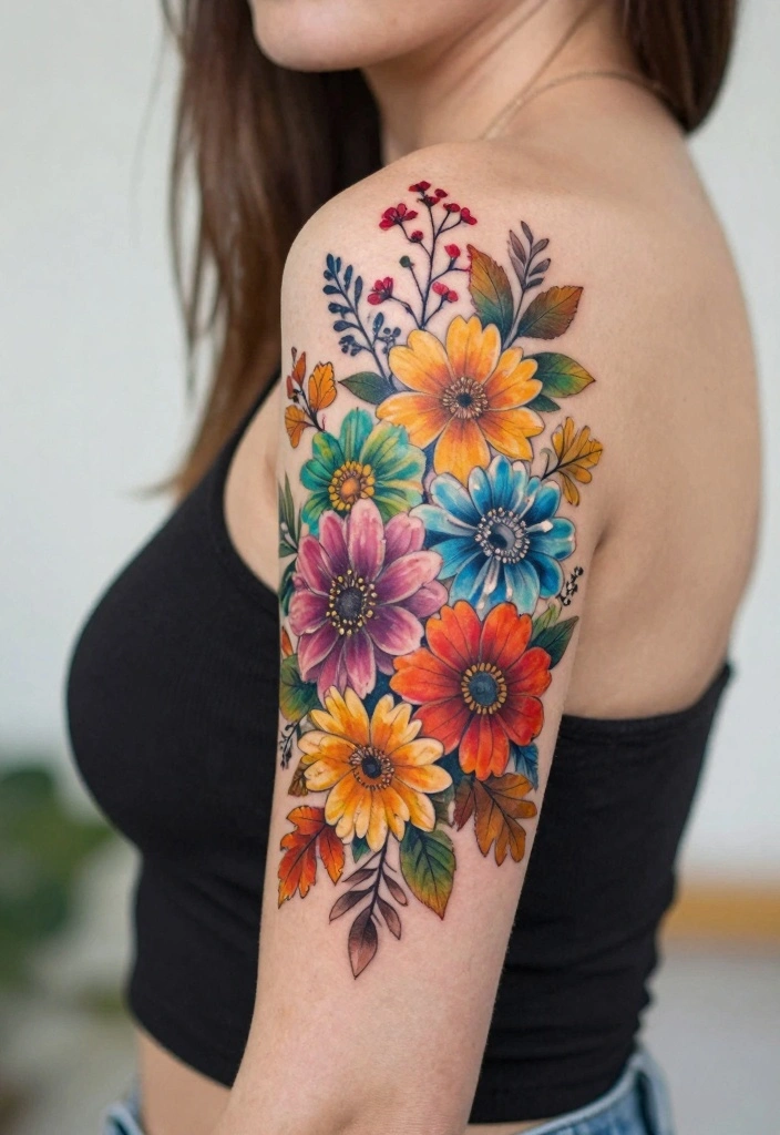 16 Upper Arm Half Sleeve Tattoo Ideas for Women Stylish Flow 159 16 Upper Arm Half Sleeve Tattoo Ideas for Women Stylish Flow 15. Seasonal Blooms 0