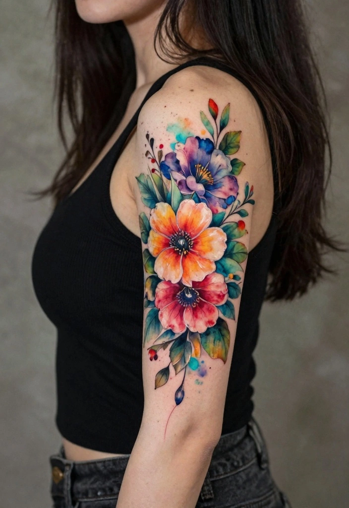 16 Upper Arm Half Sleeve Tattoo Ideas for Women Stylish Flow 170 16 Upper Arm Half Sleeve Tattoo Ideas for Women Stylish Flow 16. Watercolor Floral Splash 0