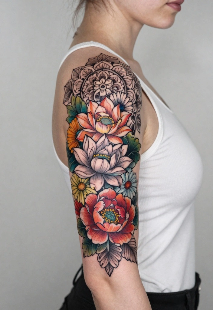 16 Upper Arm Half Sleeve Tattoo Ideas for Women Stylish Flow 12 16 Upper Arm Half Sleeve Tattoo Ideas for Women Stylish Flow 2. Whimsical Floral Mandala 0