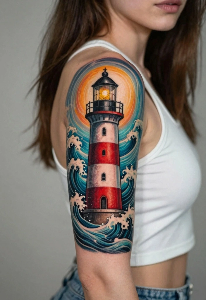 18 American Traditional Tattoo Flash Ideas Bold and Timeless 113 18 American Traditional Tattoo Flash Ideas Bold and Timeless 11. Lighthouse and Waves 0