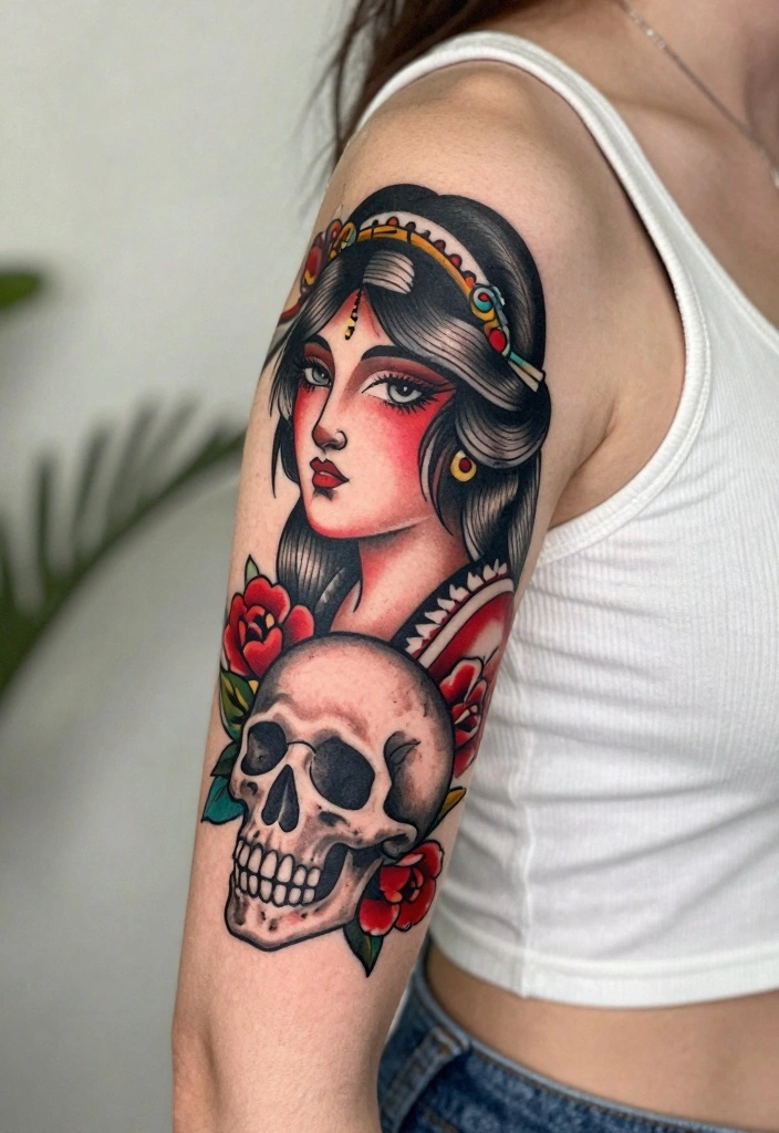 18 American Traditional Tattoo Flash Ideas Bold and Timeless 78 18 American Traditional Tattoo Flash Ideas Bold and Timeless 8. Lady with a Skull 0