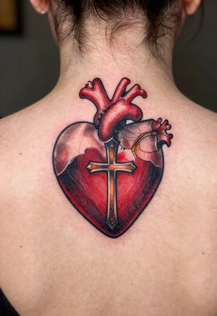 10 Cross Back of Neck Tattoo Ideas Faith Inspired 8. Heart Cross 0