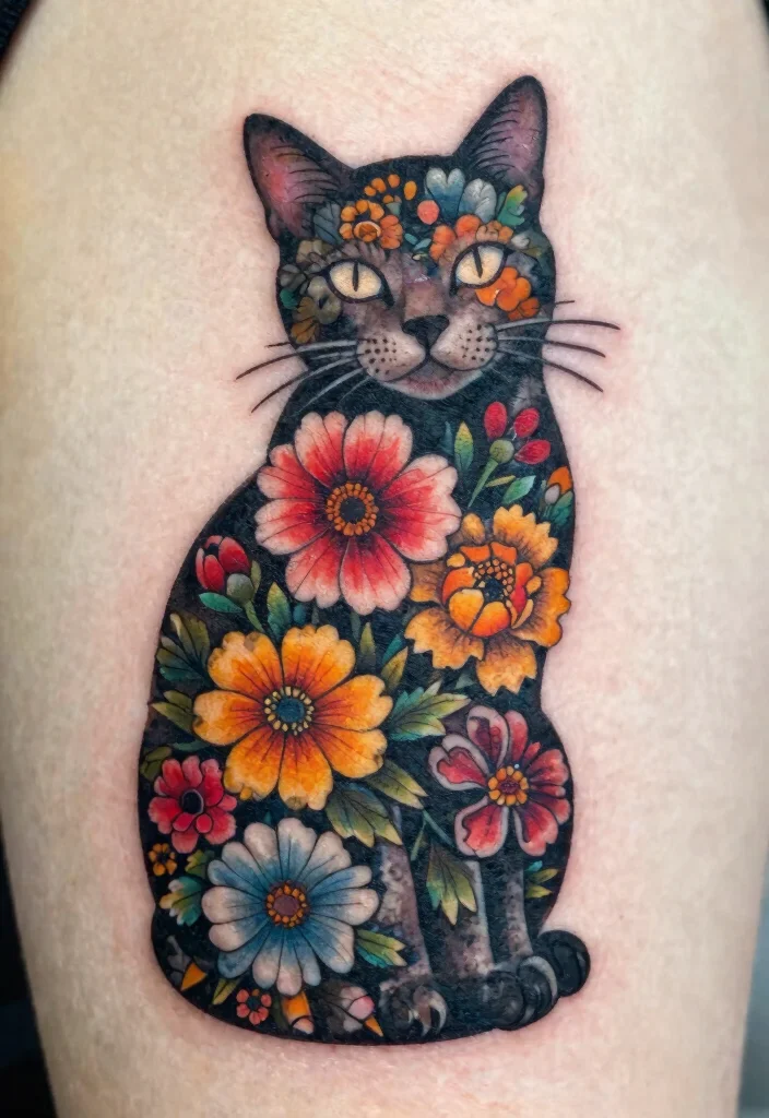 10 Dead Cat Tattoo Ideas Dark and Artistic 4. Floral Cat Silhouette 0