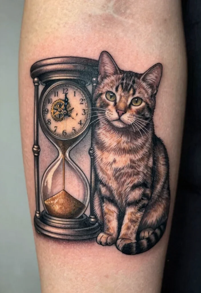 10 Dead Cat Tattoo Ideas Dark and Artistic 5. Cat with Clock and Hourglass 0