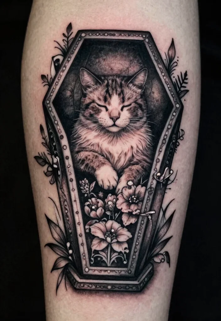 10 Dead Cat Tattoo Ideas Dark and Artistic 6. Cat in a Coffin 0