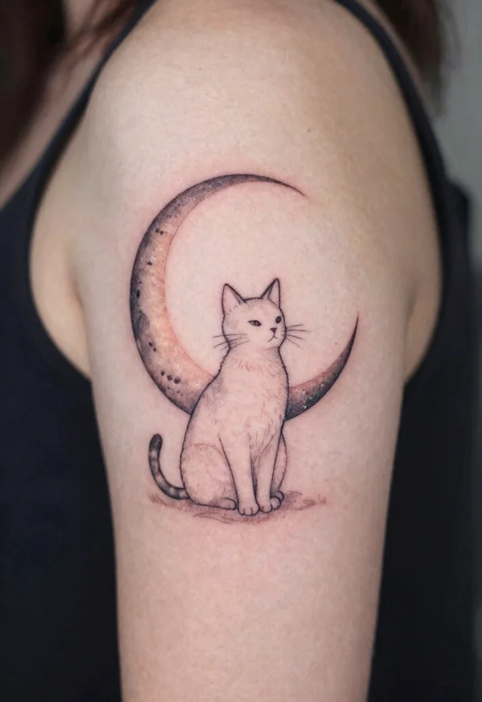 10 Minimal Cat Tattoo Ideas Clean and Subtle 47 10 Minimal Cat Tattoo Ideas Clean and Subtle 7. Cat with Moon 0