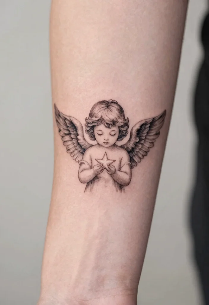 10 Small Angel Tattoo Ideas Simple and Meaningful 4. Angel Holding a Star 0
