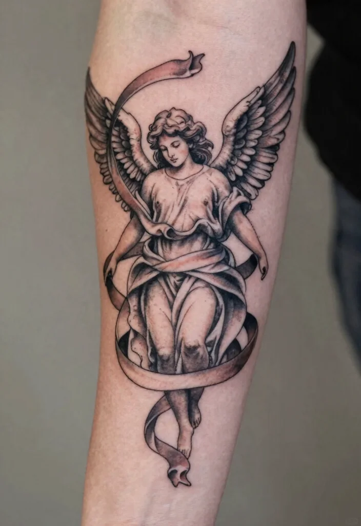 10 Small Angel Tattoo Ideas Simple and Meaningful 9. Guardian Angel with Ribbon 0