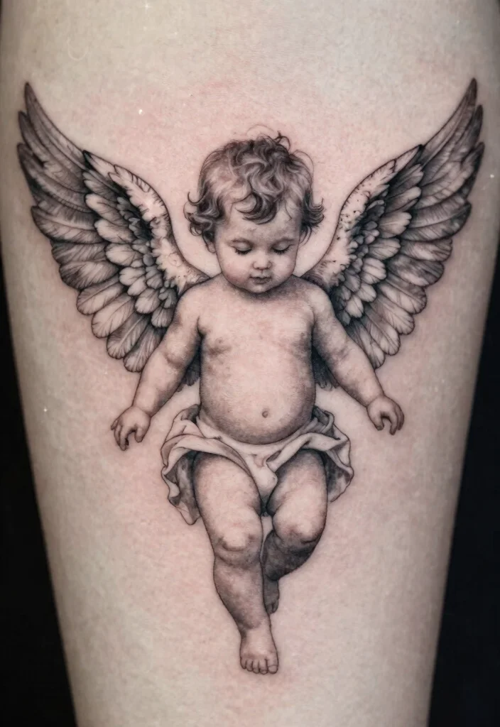 12 Baby Angel Tattoo Design Ideas: Soft and Innocent 50 12 Baby Angel Tattoo Design Ideas Soft and Innocent 10. Angel with Wings Open 0