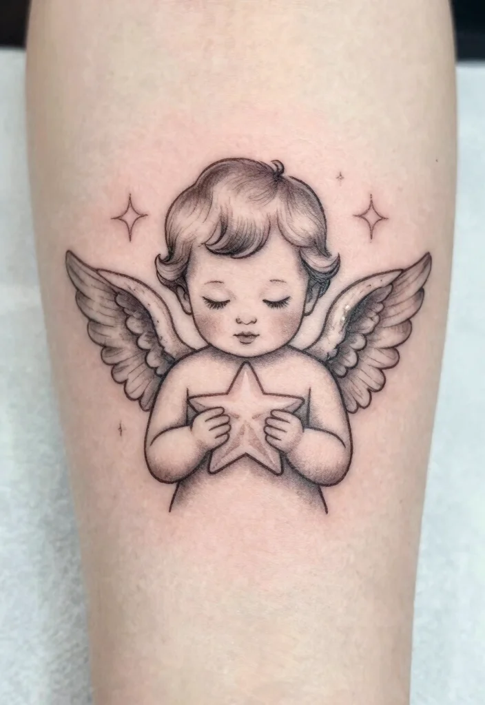 12 Baby Angel Tattoo Design Ideas: Soft and Innocent 52 12 Baby Angel Tattoo Design Ideas Soft and Innocent 12. Baby Angel Holding a Star 0