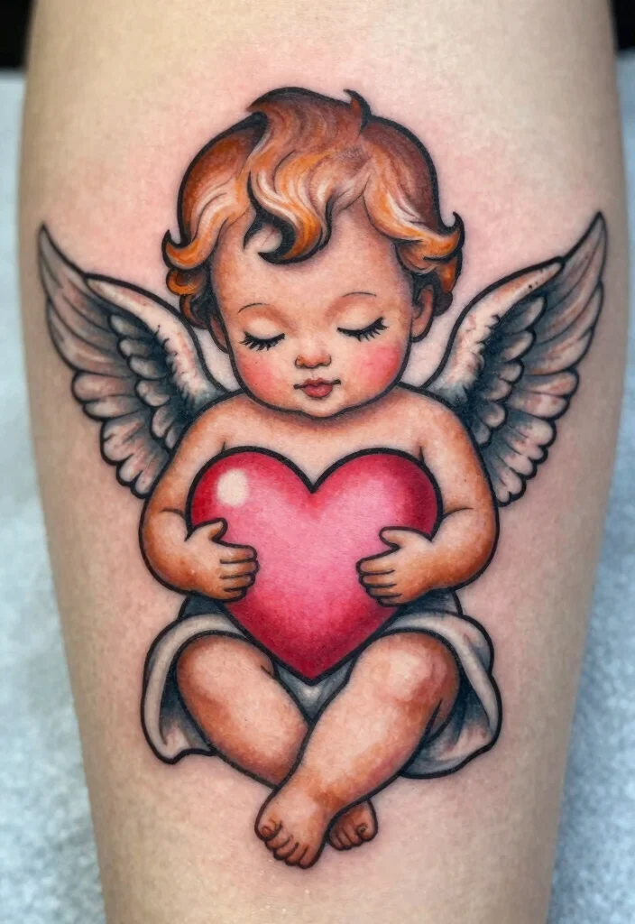 12 Baby Angel Tattoo Design Ideas: Soft and Innocent 14 12 Baby Angel Tattoo Design Ideas Soft and Innocent 4. Baby Angel with a Heart 0