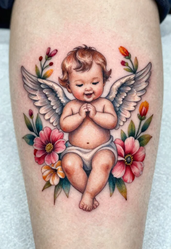 12 Baby Angel Tattoo Design Ideas: Soft and Innocent 37 12 Baby Angel Tattoo Design Ideas Soft and Innocent 7. Baby Angel with Floral Accents 0