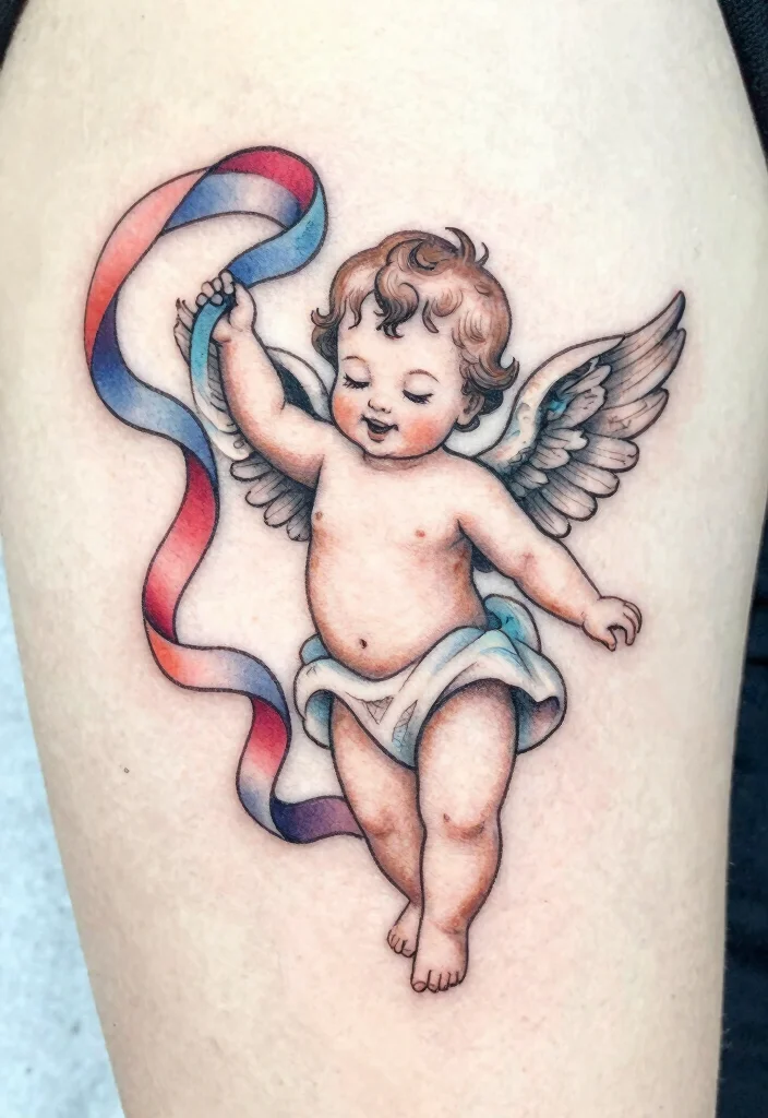 12 Baby Angel Tattoo Design Ideas: Soft and Innocent 39 12 Baby Angel Tattoo Design Ideas Soft and Innocent 9. Baby Angel with Ribbon 0