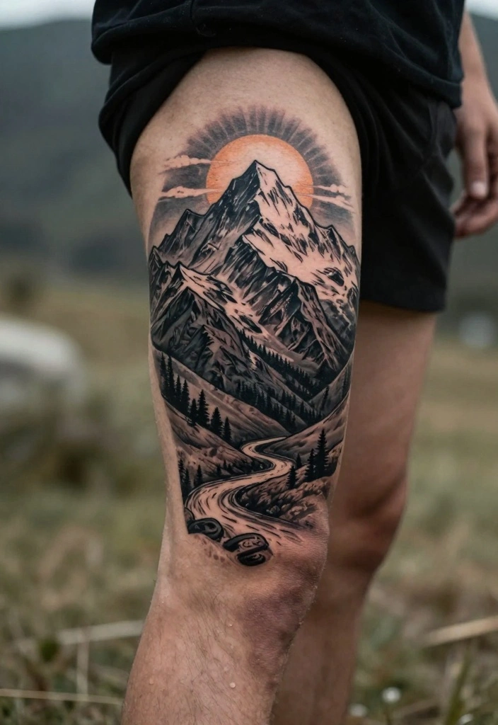 12 Back Leg Tattoo Ideas for Men: Strong and Unique 1 12 Back Leg Tattoo Ideas for Men Strong and Unique 1. Majestic Mountain Range 0