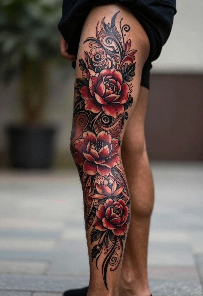 12 Back Leg Tattoo Ideas for Men: Strong and Unique 13 12 Back Leg Tattoo Ideas for Men Strong and Unique 3. Intricate Floral Patterns 0