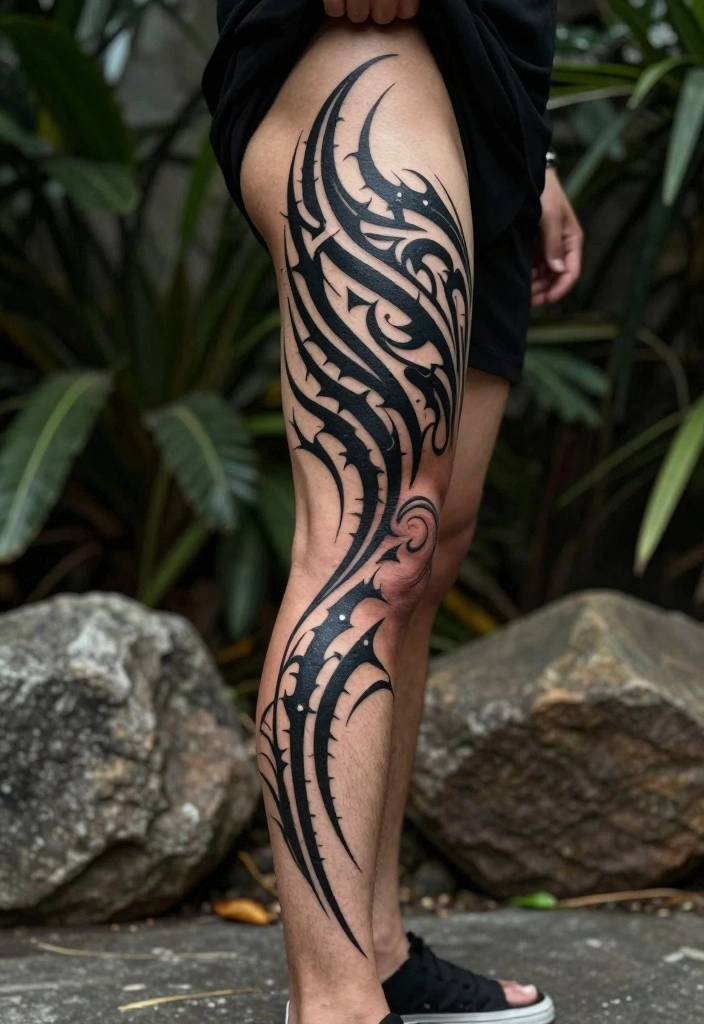 12 Back Leg Tattoo Ideas for Men: Strong and Unique 14 12 Back Leg Tattoo Ideas for Men Strong and Unique 4. Tribal Designs 0
