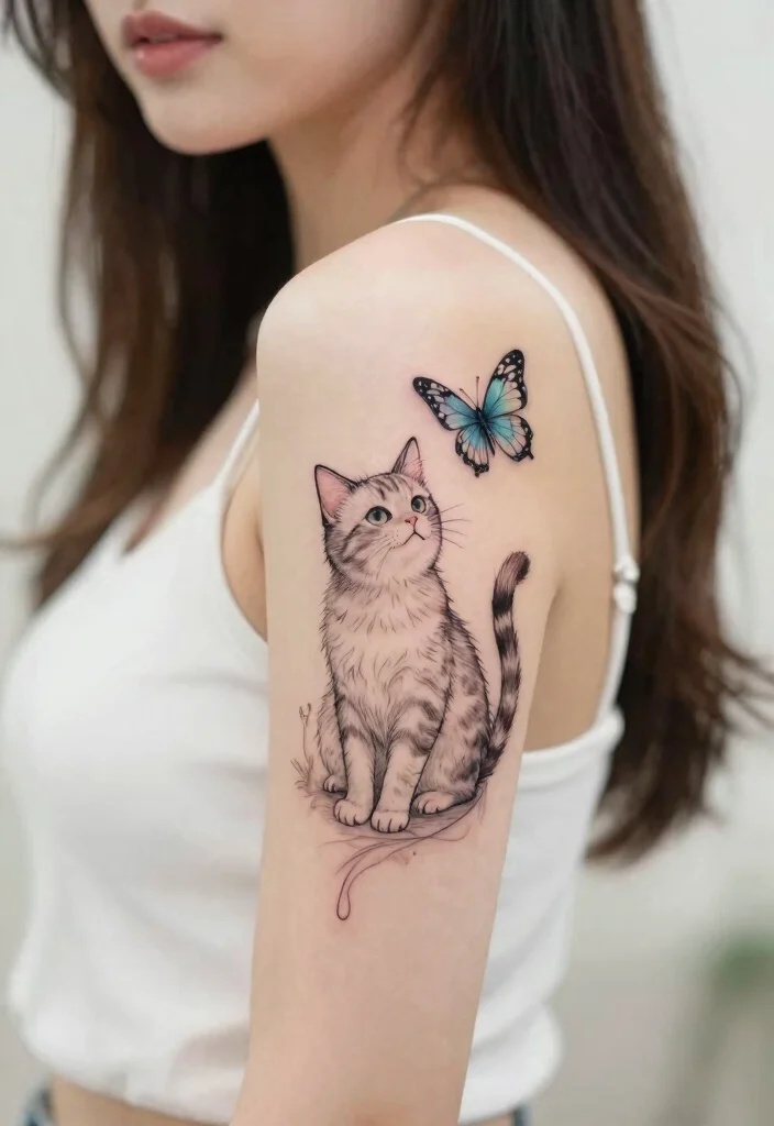 12 Dainty Cat Tattoo Ideas Soft and Feminine 10. Cat with Butterfly 0