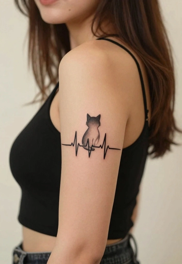 12 Dainty Cat Tattoo Ideas Soft and Feminine 11. Cat and Heartbeat Line 0