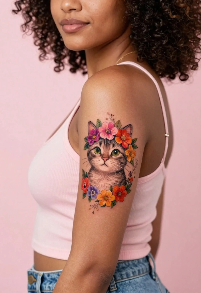 12 Dainty Cat Tattoo Ideas Soft and Feminine 12. Cat with a Flower Crown 0