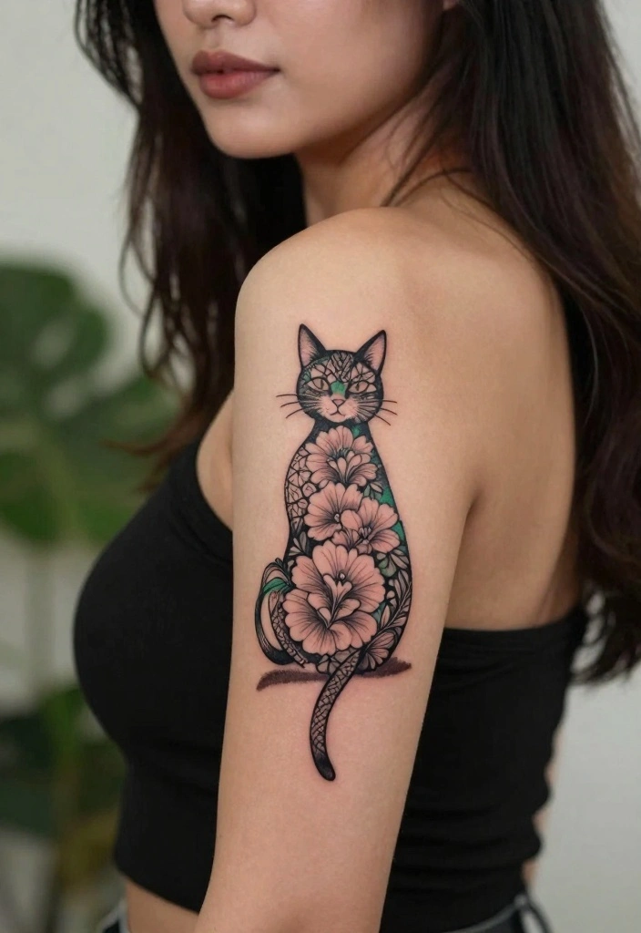 12 Dainty Cat Tattoo Ideas Soft and Feminine 2. Floral Cat Silhouette 0