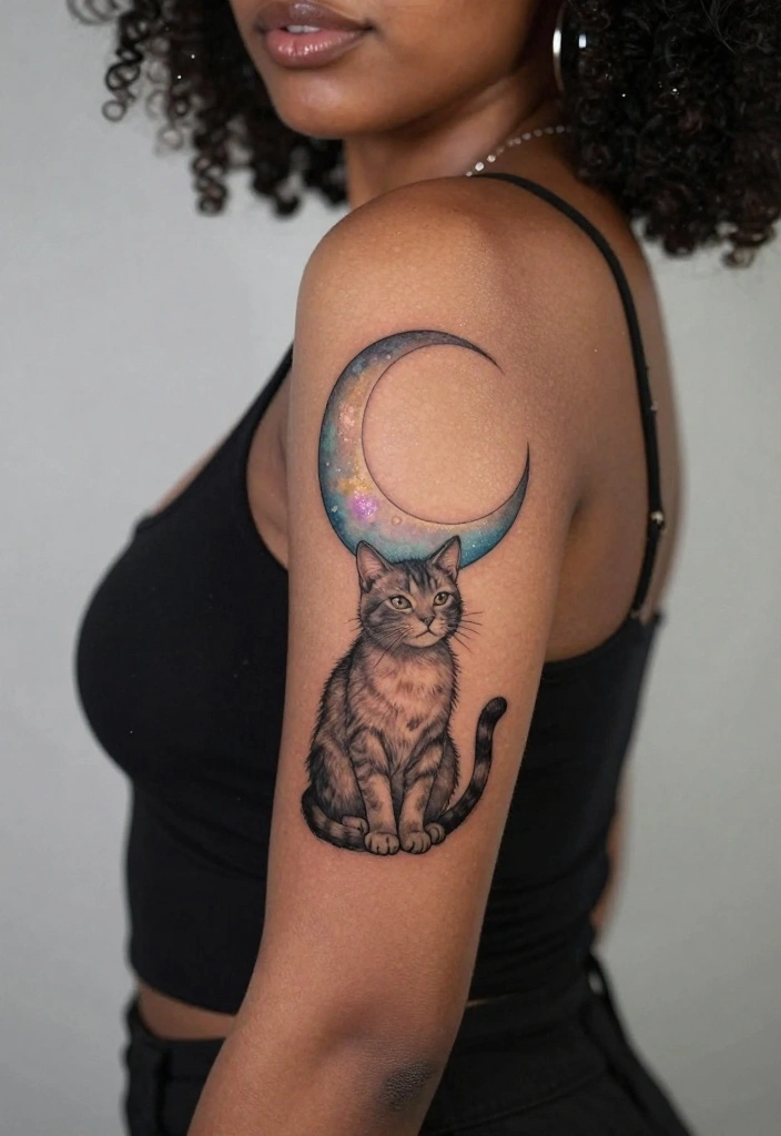 12 Dainty Cat Tattoo Ideas Soft and Feminine 6. Sweet Cat and Moon 0