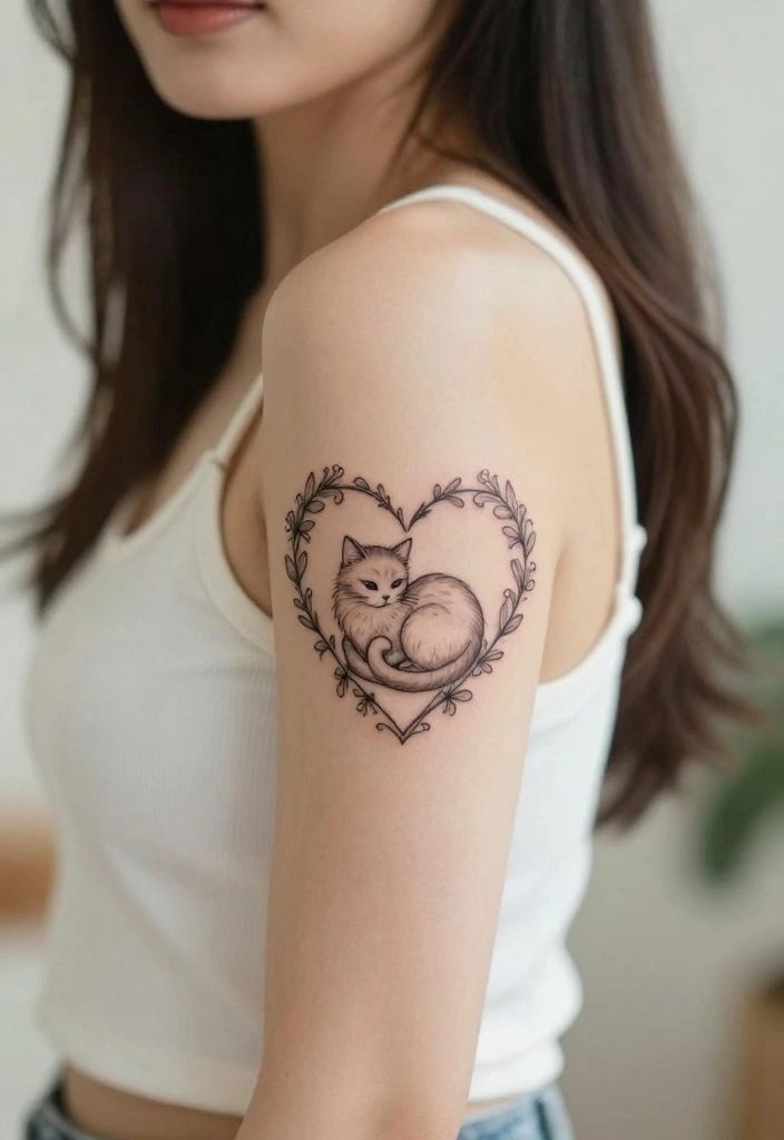 12 Dainty Cat Tattoo Ideas Soft and Feminine 7. Heart Shaped Cat 0