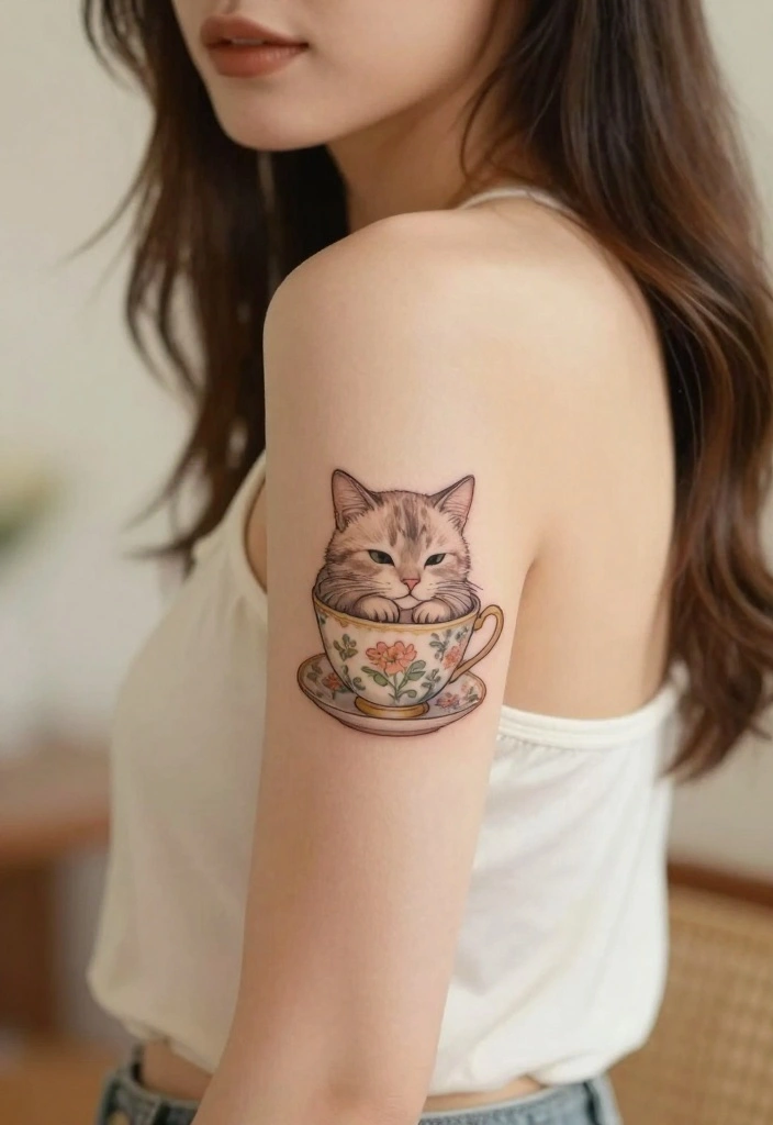 12 Dainty Cat Tattoo Ideas Soft and Feminine 9. Cat in a Tea Cup 0
