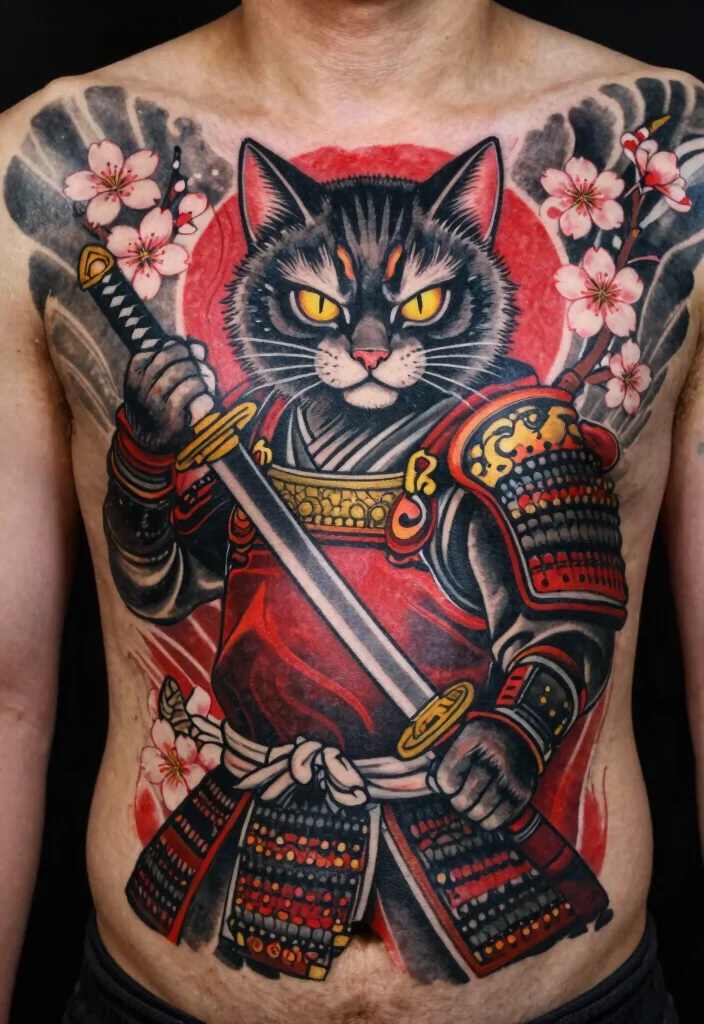 12 Japanese Cat Tattoo Ideas Traditional and Lucky 11. The Samurai Cat 0