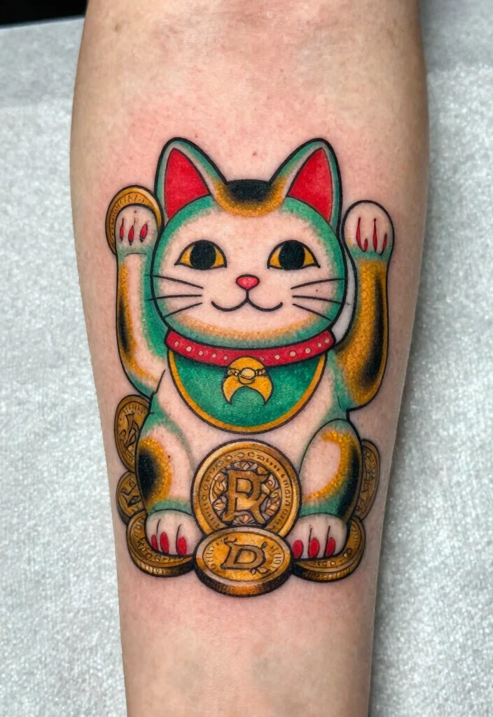 12 Japanese Cat Tattoo Ideas Traditional and Lucky 6. Lucky Cat with Coins 0