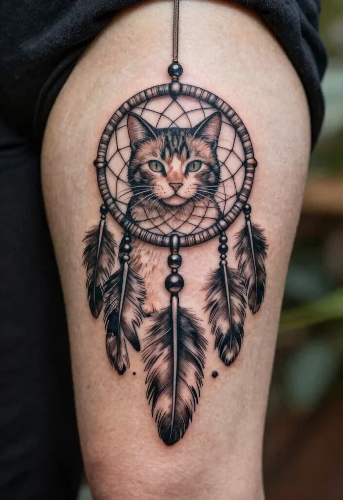 12 Memorial Cat Tattoo Ideas Meaningful and Emotional 10. Cat with Dreamcatcher 0