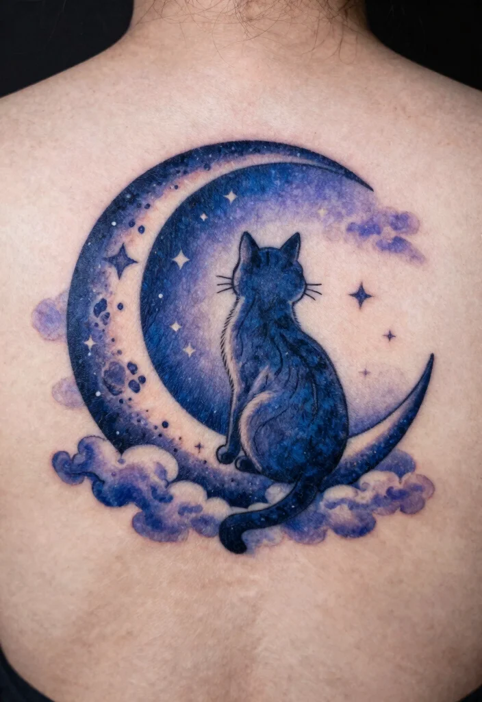 12 Memorial Cat Tattoo Ideas Meaningful and Emotional 11. Cat and Moon Design 0