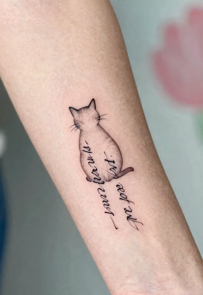 12 Memorial Cat Tattoo Ideas Meaningful and Emotional 5. Quote with Cat Design 0