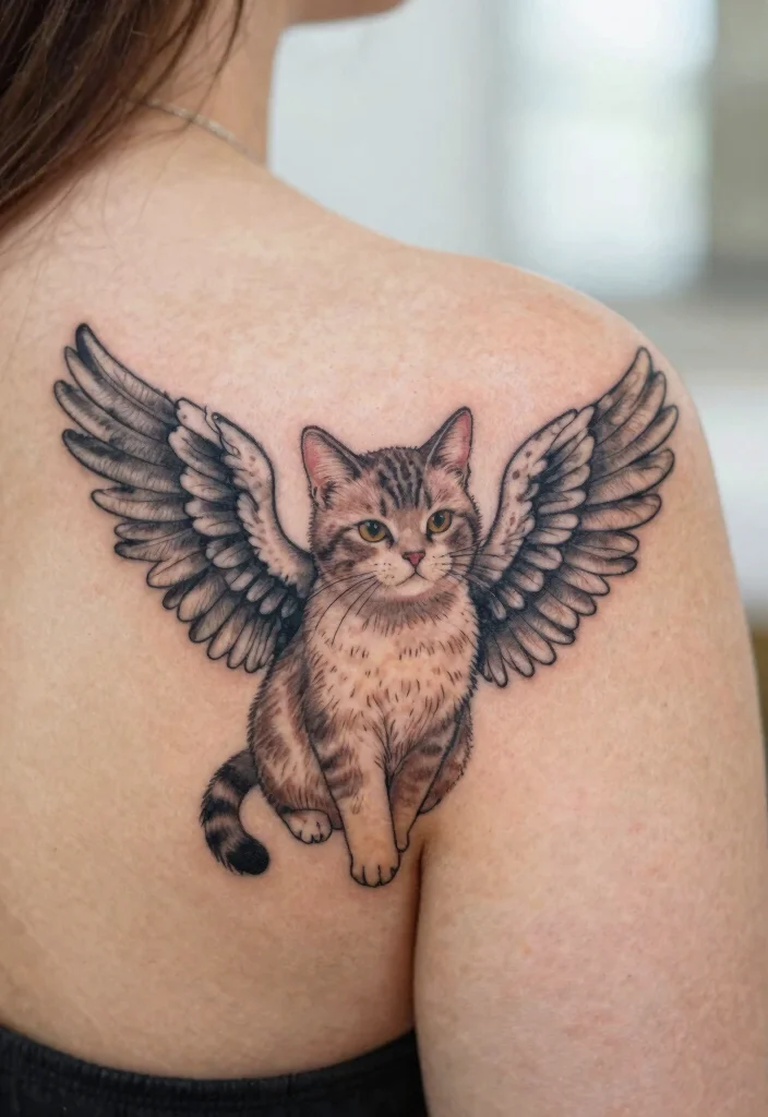 12 Memorial Cat Tattoo Ideas Meaningful and Emotional 7. Cat with Angel Wings 0