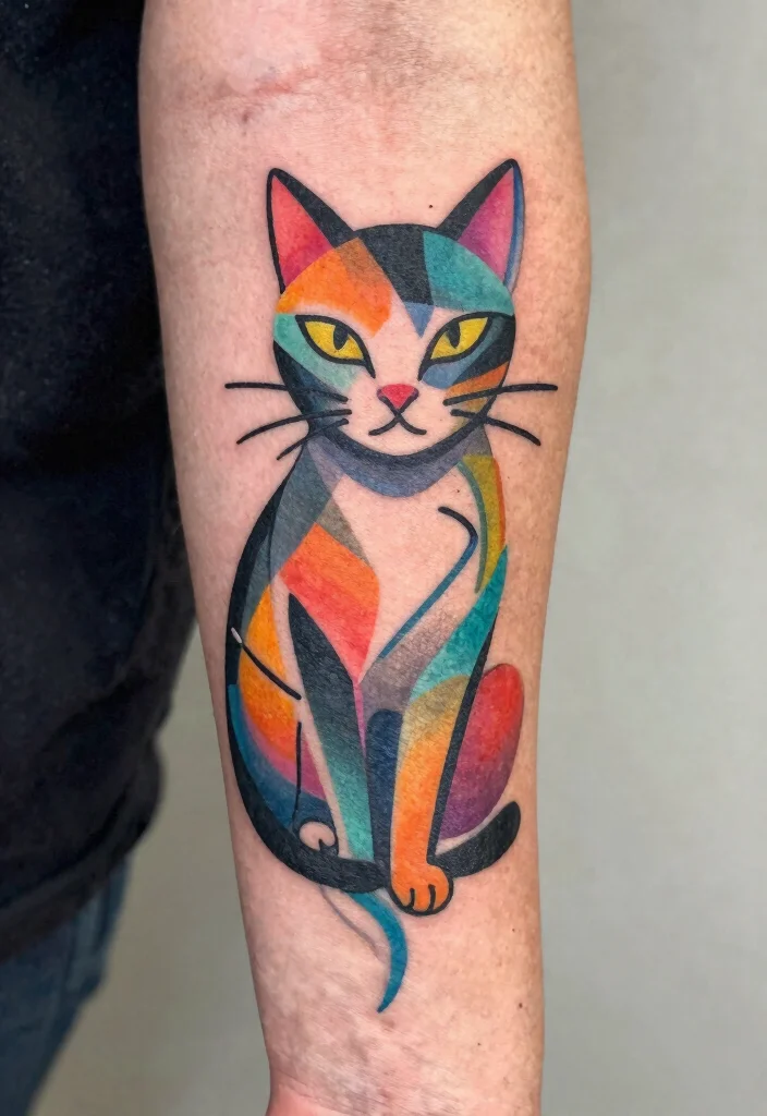 12 Memorial Cat Tattoo Ideas Meaningful and Emotional 8. Abstract Cat Design 0