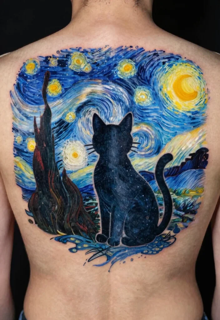 12 Moon Cat Tattoo Ideas Mystical and Dreamy 11. Cat in a Starry Night 0