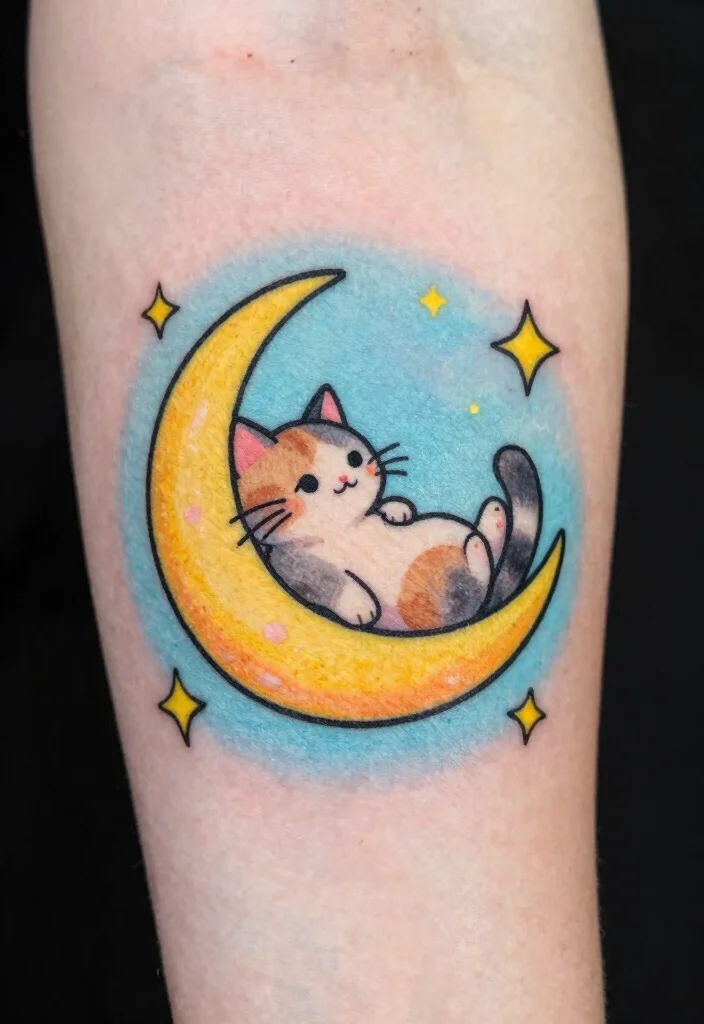 12 Moon Cat Tattoo Ideas Mystical and Dreamy 5. Whimsical Cat on the Moon 0