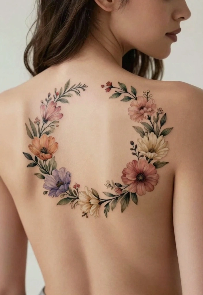 12 Top of Back Tattoo Ideas for Women: Elegant Floral and Nature-Inspired Designs 51 12 Top of Back Tattoo Ideas for Women Elegant Floral and Nature Inspired Designs 11. Soft Floral Wreath 0