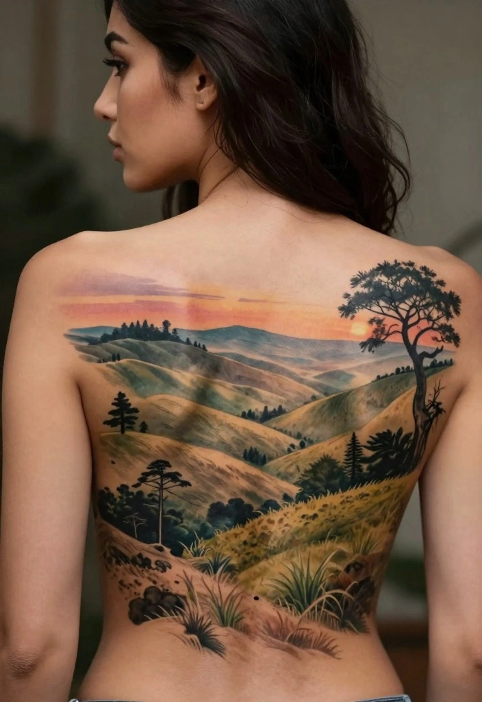 12 Top of Back Tattoo Ideas for Women: Elegant Floral and Nature-Inspired Designs 52 12 Top of Back Tattoo Ideas for Women Elegant Floral and Nature Inspired Designs 12. Nature Inspired Landscape 0