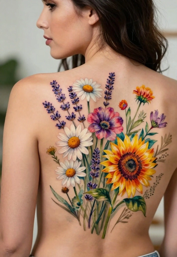 12 Top of Back Tattoo Ideas for Women: Elegant Floral and Nature-Inspired Designs 3 12 Top of Back Tattoo Ideas for Women Elegant Floral and Nature Inspired Designs 3. Whimsical Wildflowers 0
