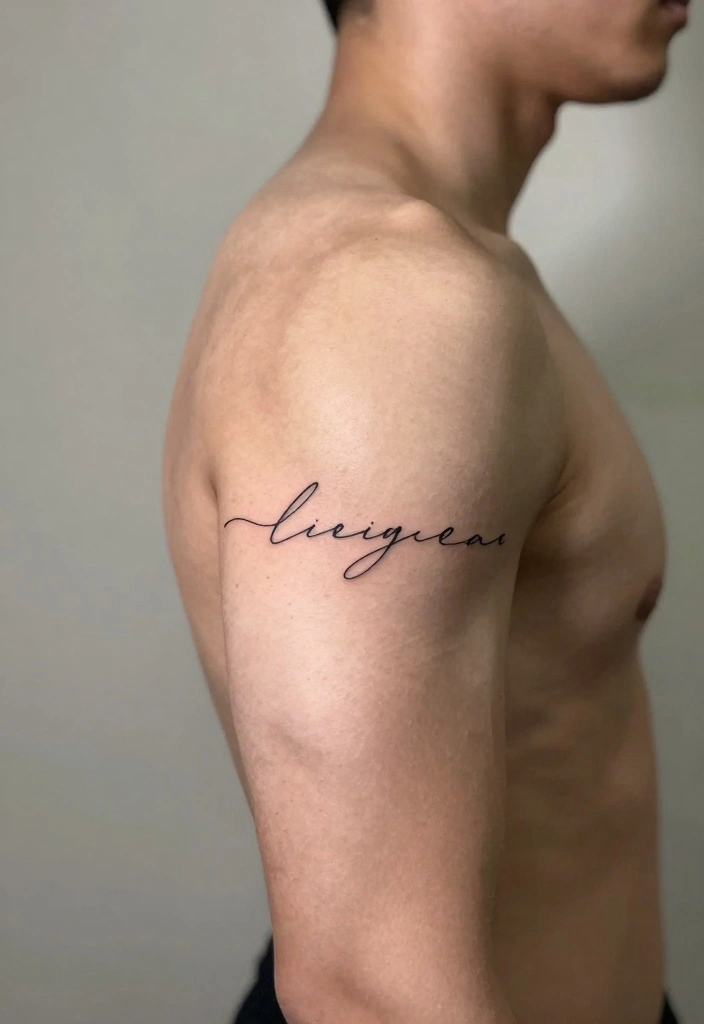 14 Back of Arm Tattoo Ideas for Men: Clean and Masculine 2 14 Back of Arm Tattoo Ideas for Men Clean and Masculine 2. Minimalist Script 0